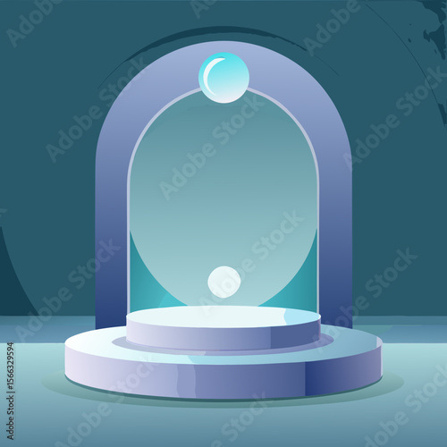 Aesthetic presentation stage with arch and spheres in shades of blue and light turquoise color palette