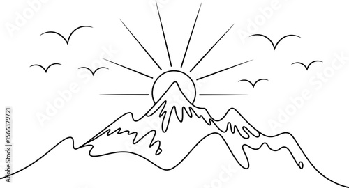 Black line art mountain range with sun and flying birds