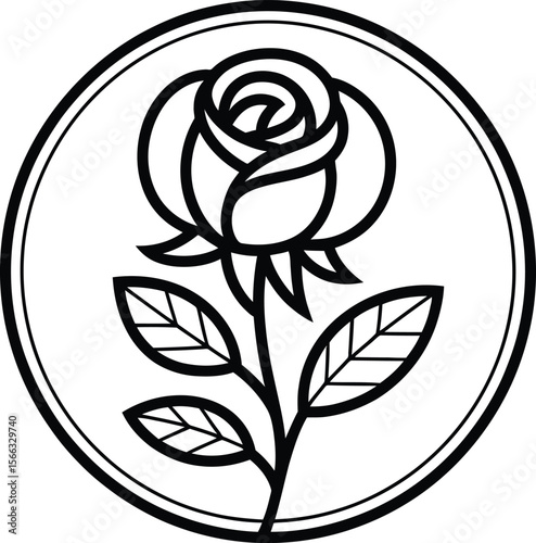 Black and White Rose Illustration Within a Circular Frame