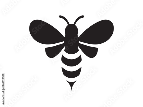 Simple black silhouette of a bee with wings and striped body on white background