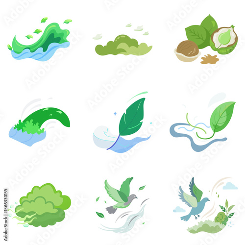 Dynamic vector set of green elements including leaves, water, and nature symbols, perfect for environmental, wellness, and natural product branding