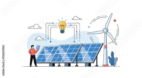 Sustainable energy solutions featuring solar panels wind turbines and a person monitoring the system promoting eco friendly power generation