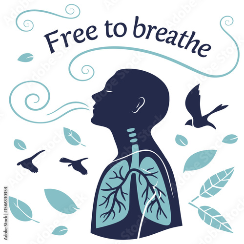 Stylized Human Profile with Visible Lungs, Deep Breath, Teal and Navy Blue
