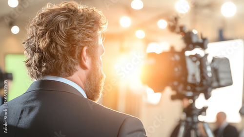 A professional man stands in front of a camera, showcasing confidence and readiness for a presentation or interview.