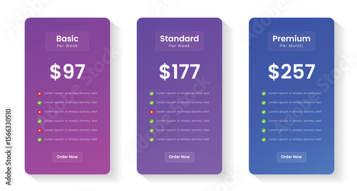Pricing plans table, pricing chart, price list for web or app. Ui UX pricing design tables with tariffs. Product comparison business web plans. Subscription features checklist and business plans.