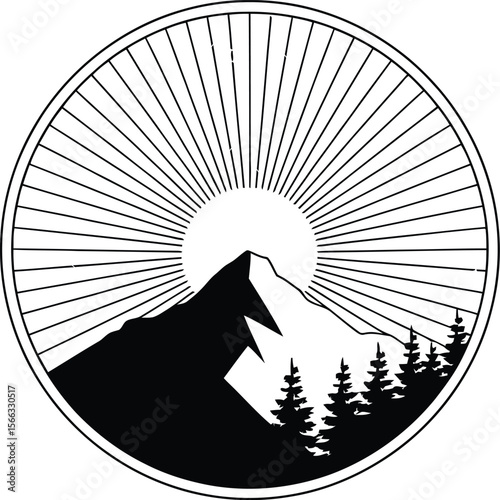 Black and White Mountain Landscape Inside a Circle with Sunburst Effect