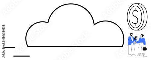 Cloud outline with two professionals shaking hands near a dollar coin. Ideal for business, finance, cloud services, technology, partnerships, data security, economic growth. Simple flat metaphor