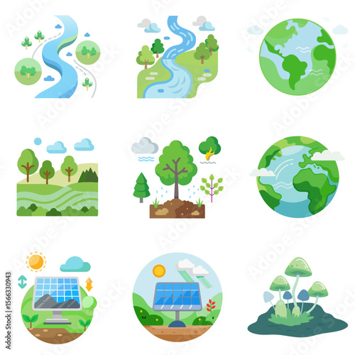 Vibrant vector set of environmental elements including rivers, trees, and solar energy, ideal for sustainability, ecology, and nature conservation branding