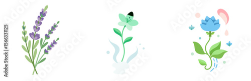Charming vector set of floral elements including lavender, green plant, and blue blossom, perfect for wellness, beauty, and natural product branding