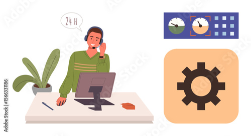Customer service agent wearing headset, speaking into microphone at desk. Gear icon conveys functionality. Ideal for service support, time management, productivity, workflow, help desk