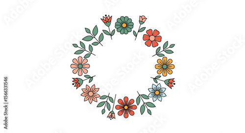 Vibrant watercolor floral wreath with delicate green leaves and blossoms perfect for spring celebrations and garden designs