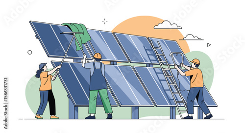 Team of workers installing a large solar panel array on a sunny day clean energy production and sustainability concept