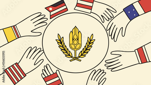 Diverse Hands Circle Golden Wheat: Unity and Global Cooperation Illustration