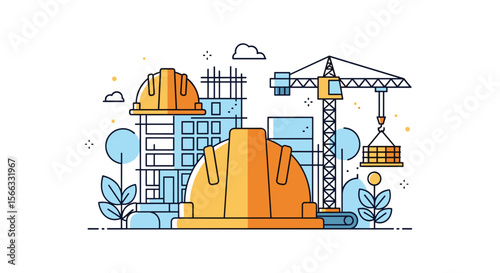 Modern construction site with cranes buildings and safety helmets illustrating urban development and infrastructure projects