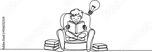 Continuous single line drawing of a little boy reading a book in minimal sketch style, isolated on white educational background

