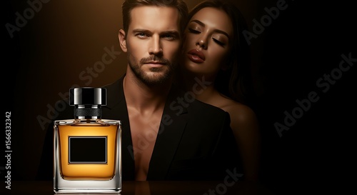 A bottle of amber liquid perfume in a clear glass bottle with a black cap