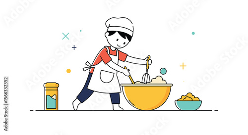 A cheerful baker enthusiastically mixes ingredients in a large bowl for a delicious recipe creation