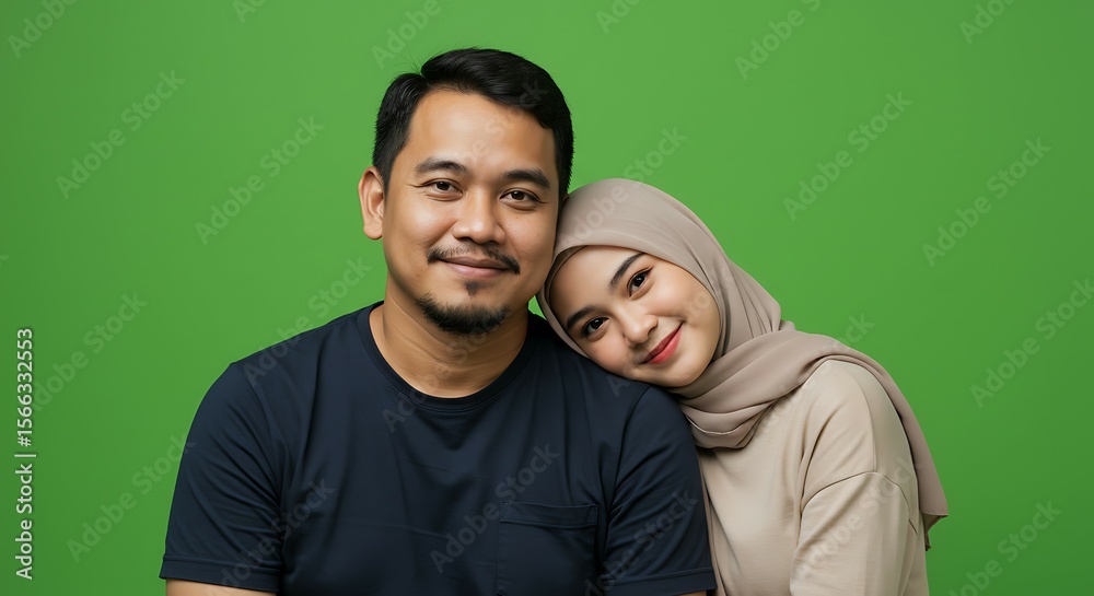 Fototapeta premium A couple embracing in front of a green background