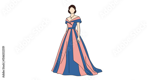 Elegant victorian lady in blue and pink ball gown with elaborate train and detailed bodice and updo hairstyle