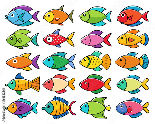 Vibrant collection of tropical aquatic creatures showcasing diverse marine life in a lively and colorful assortment perfect for decorative or educational purposes