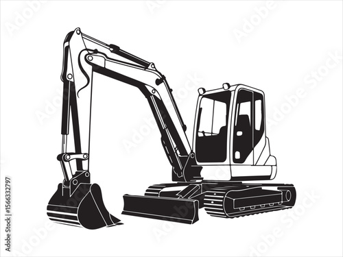Black and white line art illustration of a compact excavator on a white background