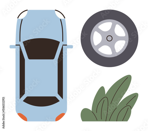 Blue car top view with a single tire and green foliage detail. Ideal for transportation, mobility, repair services, driving, vehicle environment, automotive design, visual explanation. Clean flat