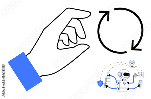 Hand initiating action with arrows symbolizing a loop and robot managing tasks. Ideal for automation, AI, robotics, workflow, teamwork, innovation, digital transformation. Simple flat metaphor