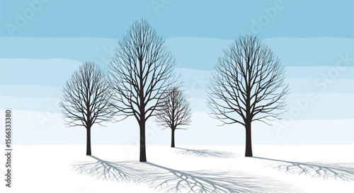 Bare trees cast long shadows on a snowy winter day under a clear blue sky