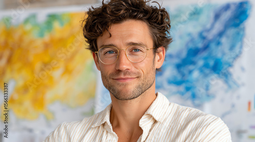 A confident young man with glasses poses in an artistic environment filled with colorful maps and paintings.
