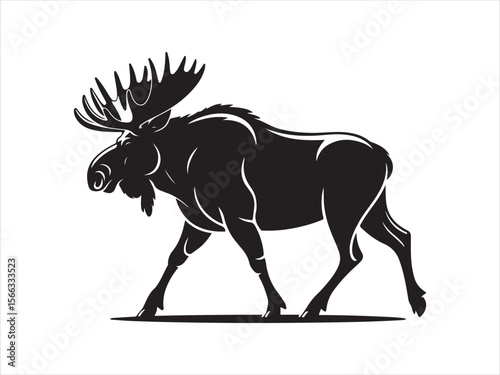 Majestic moose silhouette walking with large antlers on white background