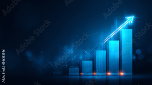 A visually striking graphic representing growth and success with a blue arrow and increasing bar chart, symbolizing progress.