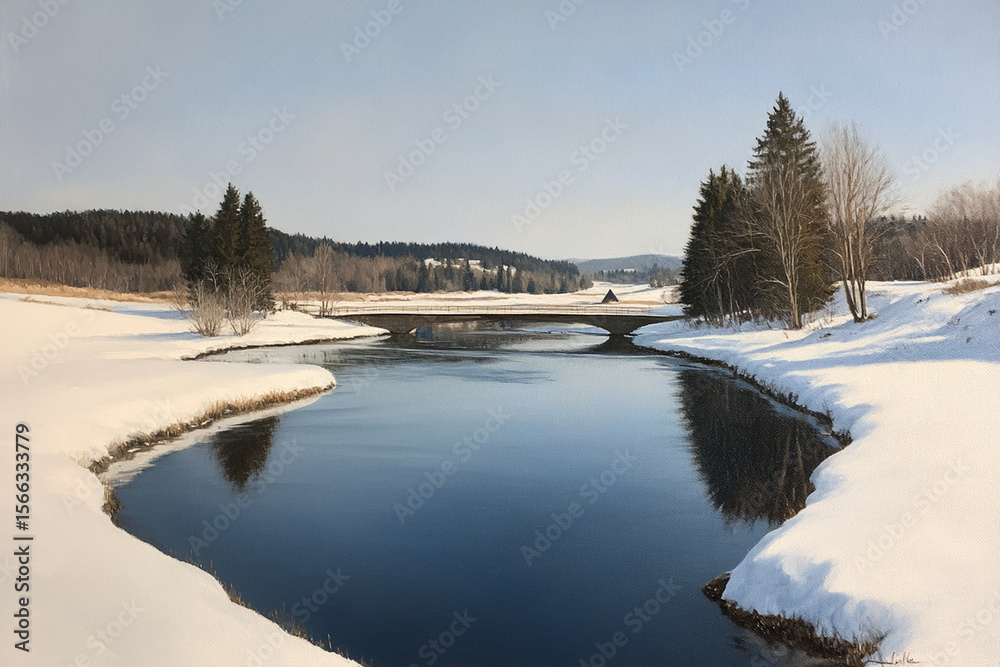 Obraz premium Winter landscape with soft blue shadows cast on pristine snow