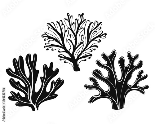 Collection of stylized marine life forms featuring diverse coral shapes and oceanic flora rendered in a striking black and vibrant color palette for artistic applications