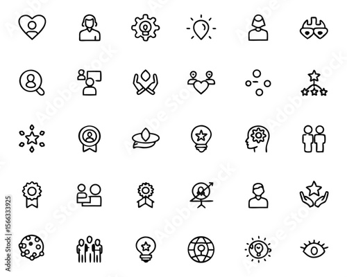 Collection of fundamental business principles and concepts presented as clean modern line graphics with a focus on forward thinking and inventive ideas