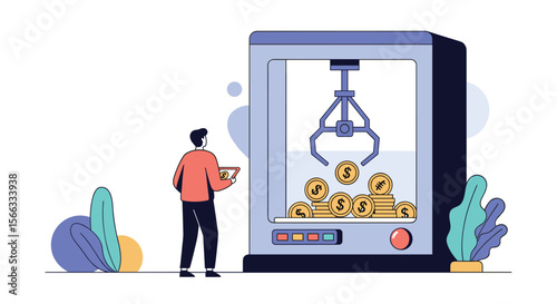Illustrative depiction of a person interacting with a futuristic arcade claw machine filled with golden coins and treasures in a digital landscape