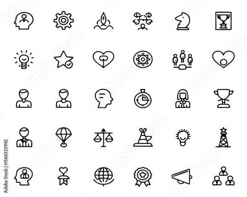 Conceptual outline icons representing core business values including innovation creativity and forward thinking development for corporate branding and presentations