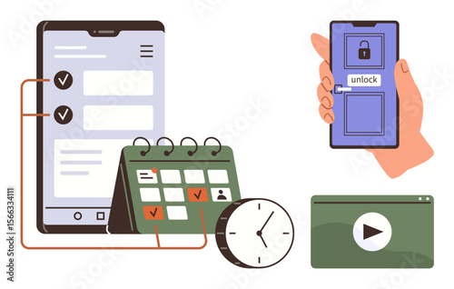 Smartphone with locked screen, calendar with marked dates, clock symbolizing time management, play button for media. Ideal for productivity, organization, mobile security, planning, multitasking