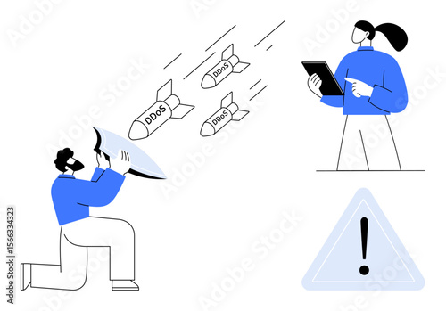 Man defends using shield against DDoS attacks, woman analyzes data on tablet, warning triangle sign. Ideal for cybersecurity, IT security, threat prevention, cloud computing, app security, risk