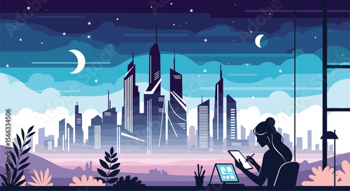 Pixel art cityscape at night with a person working on a tablet overlooking the city lights