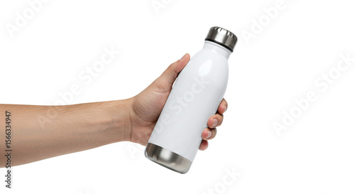 Hand holding white steel cap water bottle mockup isolated on a transparent background