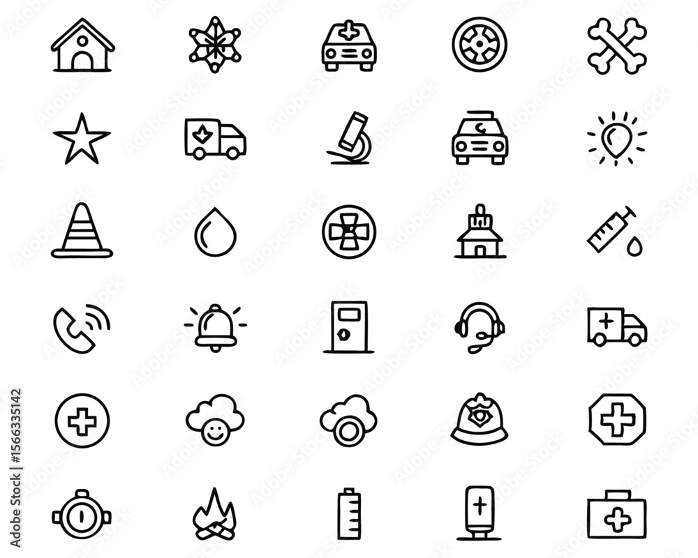 Fototapeta premium Comprehensive collection of essential emergency and safety symbols featuring clear outlines for evacuation routes alerts and critical situation guidance