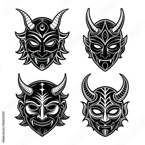 Four oni masks silhouette