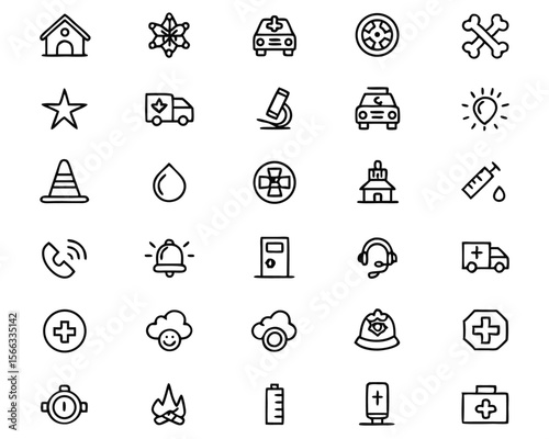 Comprehensive collection of essential emergency and safety symbols featuring clear outlines for evacuation routes alerts and critical situation guidance