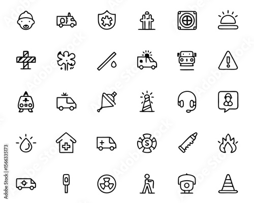 Comprehensive collection of essential safety and emergency response symbols presented in a clean modern outline style for clear communication during critical situations