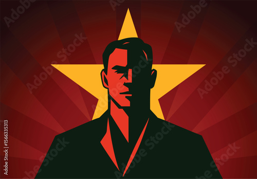 Revolutionary propaganda style portrait of man with red star background vector illustration