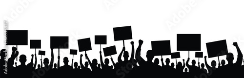 Crowd of protesters holding blank signs and raising fists in black silhouette vector illustration