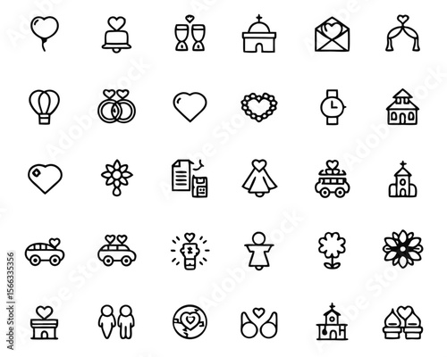 Comprehensive collection of simple line art symbols representing family connections relationships and significant life events like unions and celebrations presented in a clean graphic format