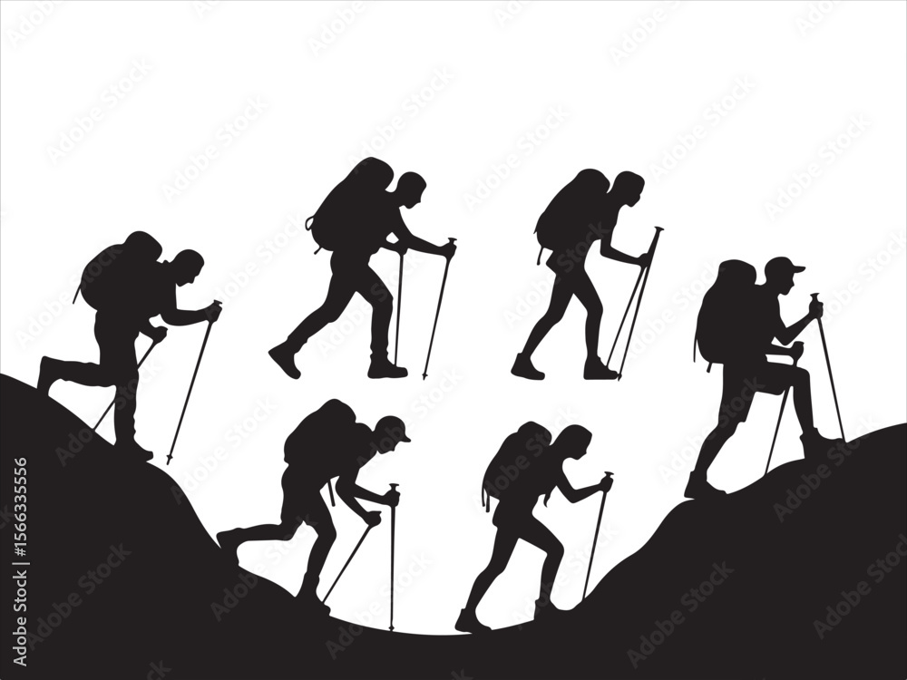 Obraz premium Silhouettes of hikers with backpacks and trekking poles ascending rocky terrain