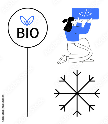 Coder placing a code panel, bio label with leaf accent, and geometric snowflake design. Ideal for technology, environment, coding, branding, sustainability, graphics simple landing page