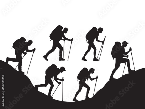 Silhouettes of hikers with backpacks and trekking poles ascending rocky terrain